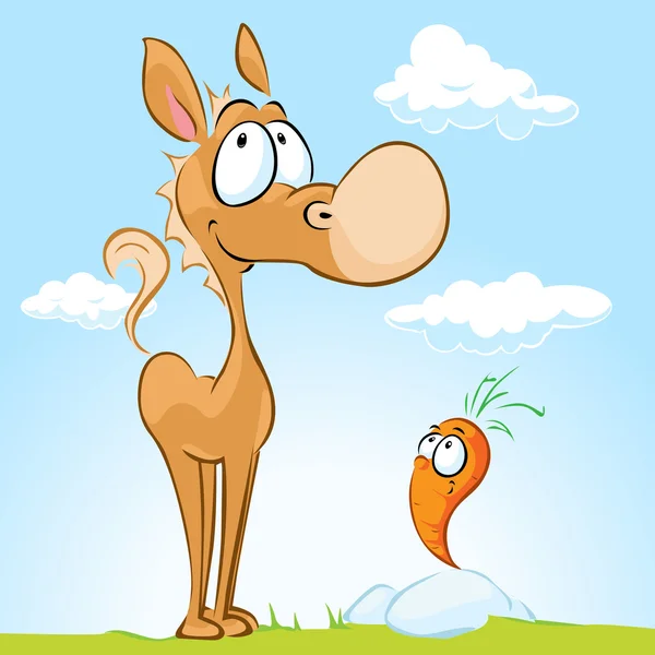 Cute horse with friend - carrot standing on grass — Stock Vector