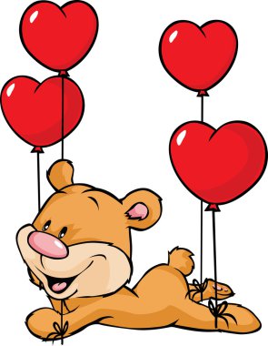 Beyaz arka plan üzerinde izole kalp şeklinde balonlar ile uçan ayı