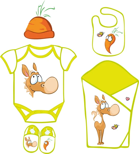 Niedliche Baby-Layette mit niedlichem Pferd und Karotte - Vektorillustration — Stockvektor