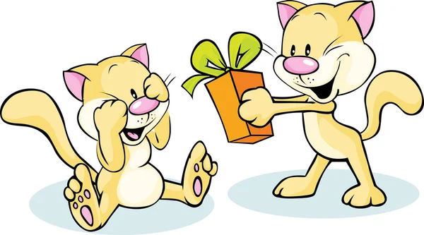Cute cat giving gift - funny illustration on white background — Stock Vector