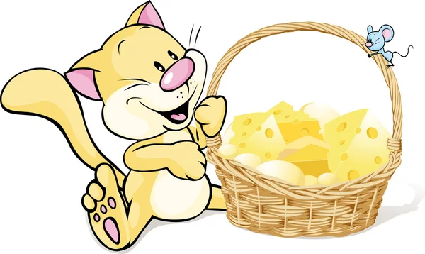 Cat and mouse with basket full of cheese — Stock Vector