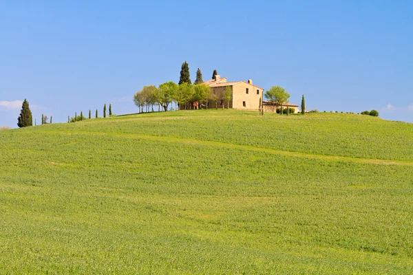 青い空、イタリアの前に絵のようなトスカーナの農場の家 — ストック写真