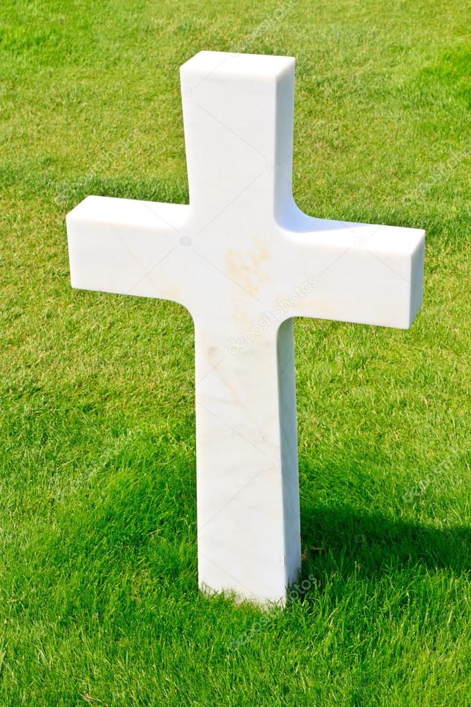Marble Cross of fallen Soldier, American War Cemetery near Omaha