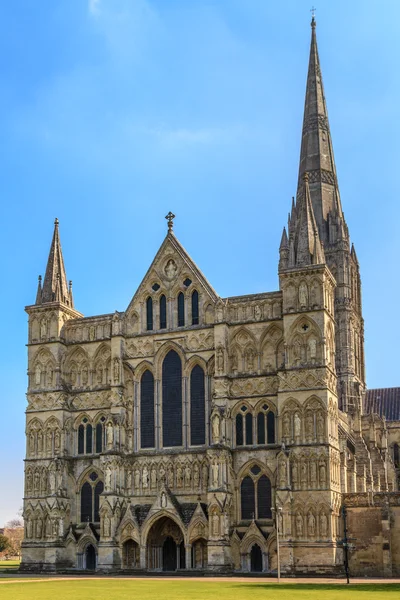 Catedral de Salisbury Vista frontal y parque en día soleado, Sur de Engl —  Fotos de Stock