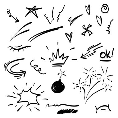 Beyaz arka planda izole edilmiş konsept tasarım için el çizimi karalama elementleri. Bilgi elementleri. vektör illüstrasyonu