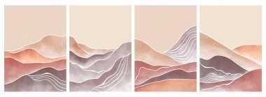 Çizgi sanatı ile birlikte sette doğal soyut dağ. Orta yüzyıl modern minimalist sanat baskısı. Soyut arkaplan manzarası. vektör çizimleri