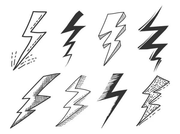 一套电闪雷鸣 雷鸣般的涂鸦式闪电 被白色背景隔离 矢量说明 — 图库矢量图片