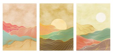 Bir dizi yaratıcı minimalist el yapımı Orta Çağ modern çizimleri. Çizgi resim baskısı. Soyut dağ, çağdaş estetik arka planlar, manzara. vektör çizimleri