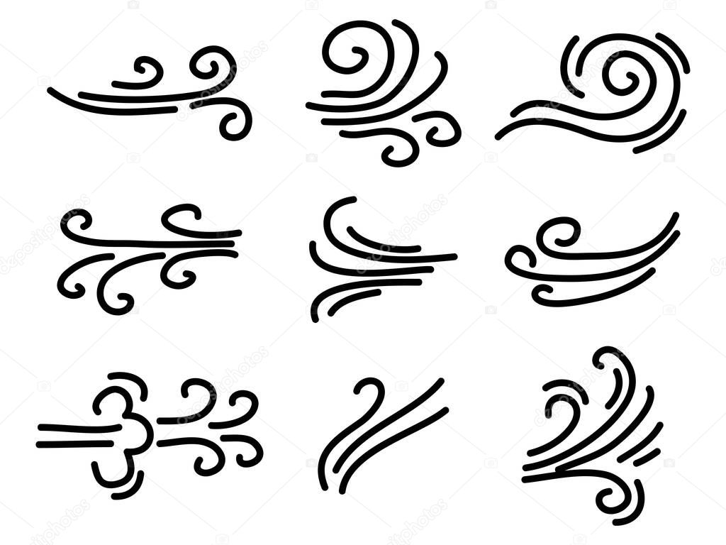 hand drawn set wind doodle blow, gust. design isolated on white background.  illustration vector handrawn style