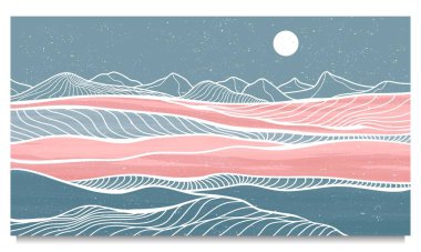 Yaratıcı minimalist modern boya ve çizgi sanat baskısı. Soyut okyanus dalgası ve dağ estetik arka planlar. Deniz, ufuk çizgisi, dalga. vektör çizimleri