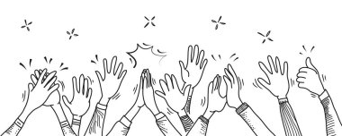 El ele tutuşup alkışlıyoruz. Alkış, başparmak işareti karalama tarzı, vektör illüstrasyonu