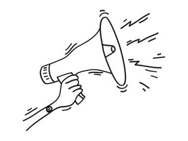 Eli bir megafon ya da hoparlör tutuyor. İş için dizayn konsepti, propaganda. karalama el çizilmiş vektör illüstrasyonu