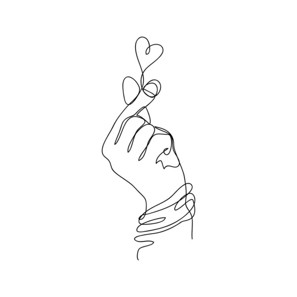 愛のサインの連続1行を手描き 韓国の指の心臓サイン ポスターアートプリント ベクターイラスト — ストックベクタ