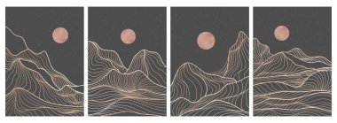 Yaratıcı minimalist modern çizgi baskı seti. Soyut çağdaş estetik arka planlar, manzaralar. Dağ, çöl, deniz, ufuk çizgisi, dalga. vektör çizimleri