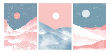 Dağ sette. Orta yüzyıl modern minimalist sanat baskısı. Soyut çağdaş estetik arka planlar, manzaralar. vektör çizimleri