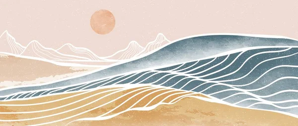 Okyanus dalgası ve dağ. Yaratıcı minimalist modern boya ve çizgi sanat baskısı. Soyut çağdaş estetik arka planlar, manzaralar. Deniz, ufuk çizgisi, dalga. vektör çizimleri