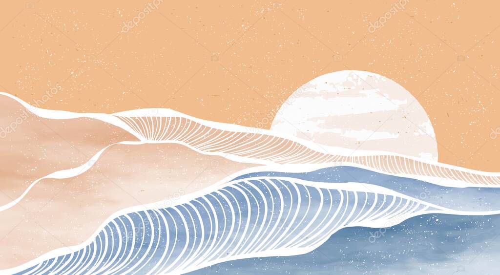 Ocean wave and mountain. Creative minimalist modern painting and line art print. Abstract contemporary aesthetic backgrounds landscapes with sea, skyline, wave and moon. vector illustrations