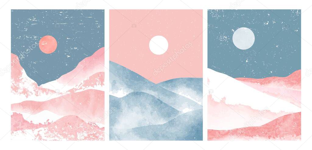 Mountain on set. Mid century modern minimalist art print. Abstract contemporary aesthetic backgrounds landscapes. vector illustrations