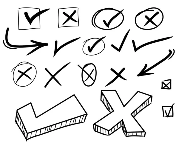 Set Doodle Marca Verificación Marca Cruzada Flecha Pase Garrapata Apruebe — Archivo Imágenes Vectoriales