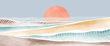 Okyanus dalgası ve gün batımı. Yaratıcı minimalist modern boya ve çizgi sanat baskısı. Soyut çağdaş estetik arka planlar, manzaralar. Deniz, ufuk çizgisi, dalga. vektör çizimleri