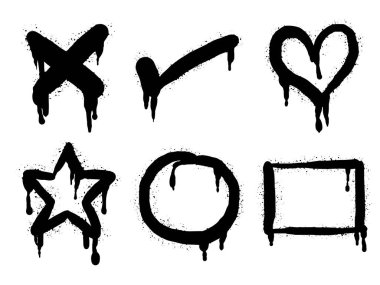 Sprey boyalı graffiti işaretleri, kalp, yıldız, daire ve dikdörtgen işaretleri. Beyazın üzerine siyah bir tabela. tasarım elemanı damlası sembolü. Beyaz arka planda izole edilmiş. vektör illüstrasyonu