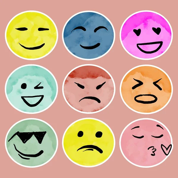 Emoticon Doodle Watercolor Style Emoji Icons Collection Abstract Cartoon Faces — Image vectorielle