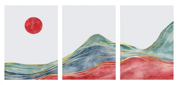 Paysage Montagne Avec Pinceau Aquarelle Imprimé Art Ligne Dorée Paysages — Image vectorielle