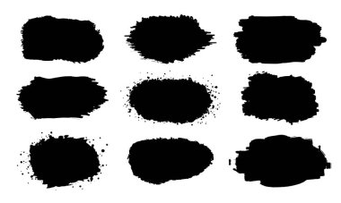 Mürekkep fırçası darbesi sette. Grunge sanatsal fırça darbeleri. Kirli acil durum afişleri. Siyah boyalı arka plan. Grunge arka planı. vektör illüstrasyonu