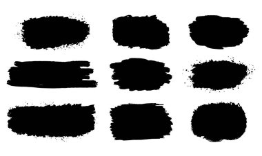 Boya fırçası sette. Grunge sanatsal fırça darbeleri. Kirli acil durum afişleri. Siyah boyalı arka plan. Grunge arka planı. vektör illüstrasyonu