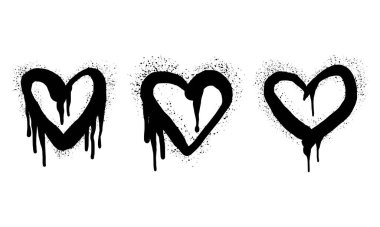 Sprey boyalı kalp sembolü koleksiyonu beyazın üzerine siyah yazıldı. Aşk damlayan kalp sembolü. Beyaz arka planda izole edilmiş. vektör illüstrasyonu