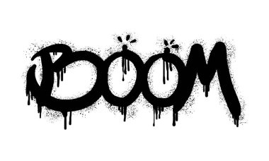 Bir grup sprey boyalı grafiti Boom kelimesi beyazın üzerine siyahla yazıldı. Damlama sembolü. Beyaz arka planda izole edilmiş. vektör illüstrasyonu