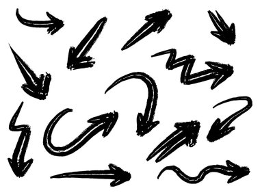 El çizimi Kara Ok simgeleri ayarlandı. Çeşitli yönlerde ok simgesi. Doodle vektör çizimi. beyaz arkaplanda izole edilmiş