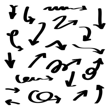 El çizimi Kara Ok simgeleri ayarlandı. Çeşitli yönlerde ok simgesi. Doodle vektör çizimi. beyaz arkaplanda izole edilmiş.