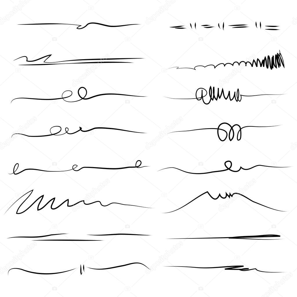 Set of hand drawn lines. artistic pen brushes. Doodle design element with underline, scribble, swashes, swoops. swirl. vector illustration