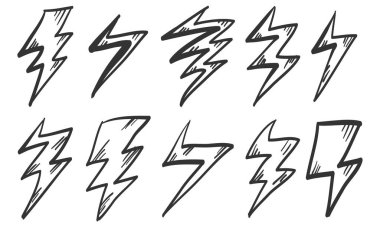 Set of Hand drawn electric lightning. Doodle thunder bolt and thunderstorm. isolated on white background. vector illustration