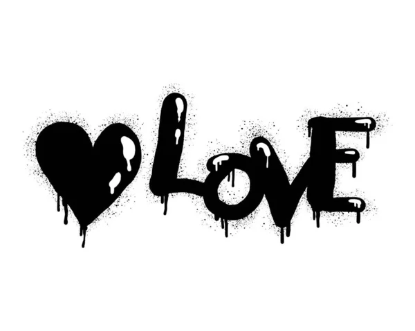 Spray Painted Graffiti Heart Symbol Love Word Black White Drops — Stock Vector