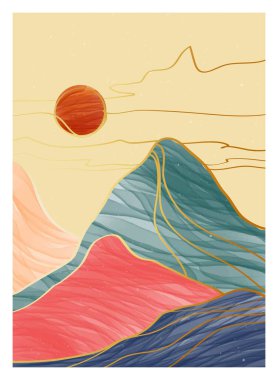 Orta yüzyılın modern ressamlarının el yapımı minimalist resimleri. Doğal soyut manzara arka planı. dağ, orman, deniz, gökyüzü ve güneş