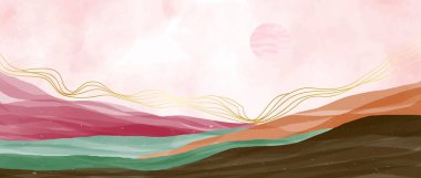 Creative minimalist hand painted illustrations of Mid century modern. Natural abstract landscape background. mountain, sea, sky, sun and river
