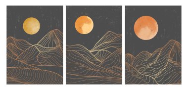 set of creative minimalist modern line art print. Abstract mountain contemporary aesthetic backgrounds landscapes. with mountain, moon, sea, skyline, wave. vector illustrations