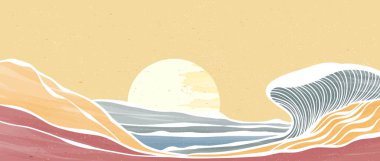 Okyanus dalgası manzarası. Yaratıcı minimalist modern boya ve çizgi sanat baskısı. Soyut çağdaş estetik arka planlar, manzaralar. Okyanus, deniz, ufuk çizgisi, dalga. vektör çizimleri