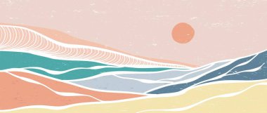 Ocean wave landscape. Creative minimalist modern art print. Abstract contemporary aesthetic backgrounds landscapes. with Ocean wave, sea, hill, skyline. vector illustrations