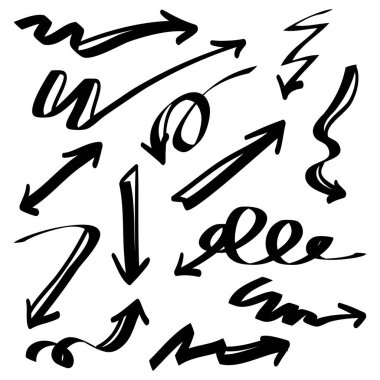 El çizimi Oklar simgeleri ayarlandı. Çeşitli yönlerde ok simgesi. Vektör illüstrasyonunun karalama tasarımı ögesi. beyaz arkaplanda izole edilmiş.