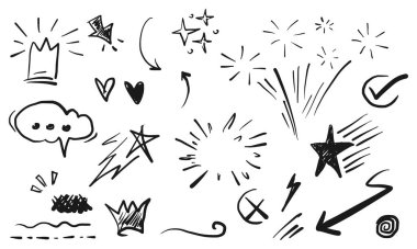 Sette konsept tasarımı için Doodle vurgu unsurları. Beyaz arka planda izole edilmiş. Bilgi elementleri. Güneş patlaması, girdap, ok, kalp, taç, yıldız. vektör illüstrasyonu.