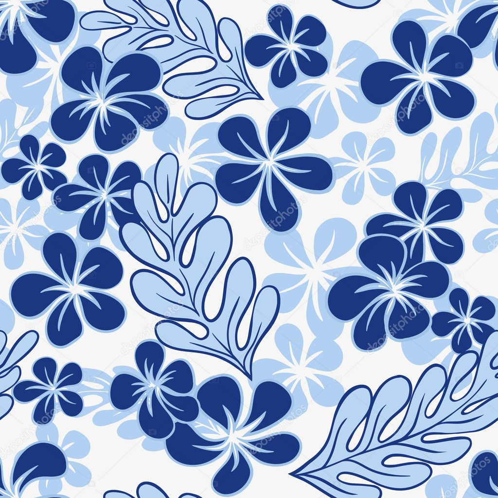 Vector Blue Tropical Flowers Seamless Pattern