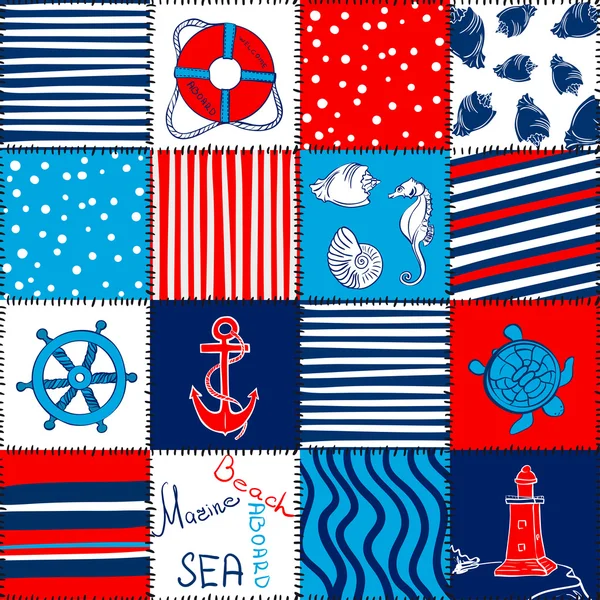 Vector Sea Seamless Pattern Patchwork — Stock Vector