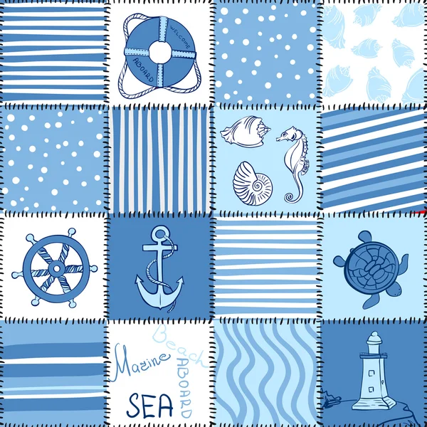 Vector Sea Seamless Pattern Patchwork — Stock Vector