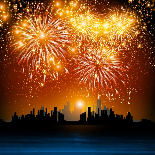 Frohes neues Jahr Feuerwerk, Nacht Stadt einfach alle editierbar — Stockvektor