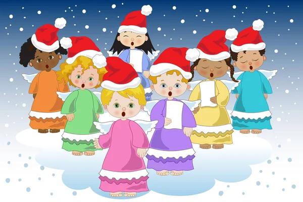 Coro Angelitos Con Gorra Santa Canta Bajo Nieve — Vector de stock