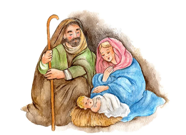 Hand Painted Watercolor Paper Representing Birth Jesus — Stock Photo, Image