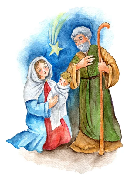 Jesus Nativity Scene Painted Watercolor Hand Paper — Stock Photo, Image